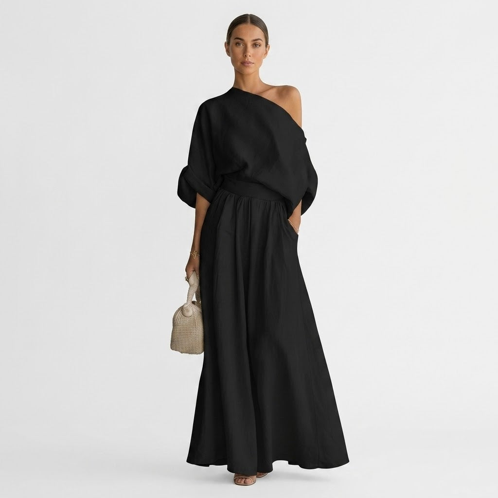 Maxikleid Damen mit schickem One-Shoulder Schnitt und praktischen Taschen - 1 - Annoboutique