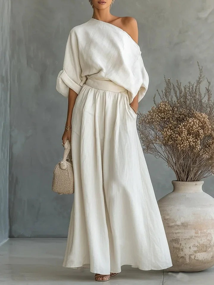 Maxikleid Damen mit schickem One-Shoulder Schnitt und praktischen Taschen - 2 - Annoboutique