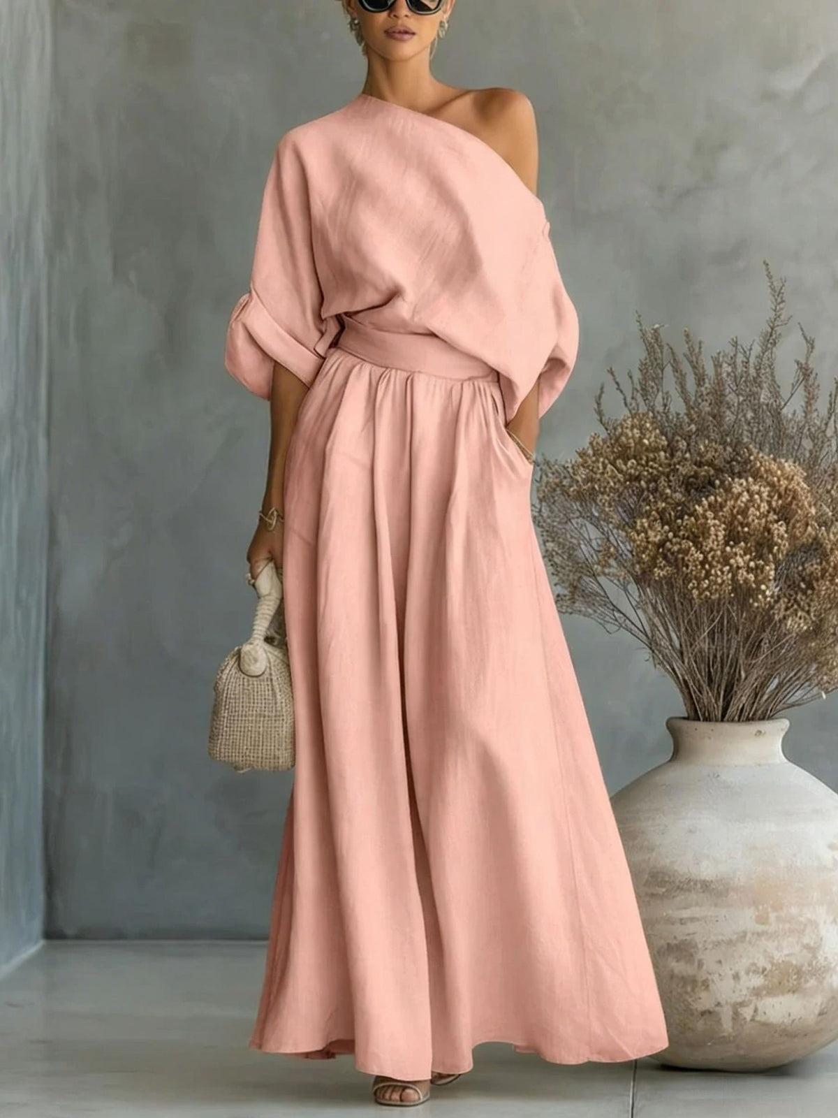 Maxikleid Damen mit schickem One-Shoulder Schnitt und praktischen Taschen - 3 - Annoboutique