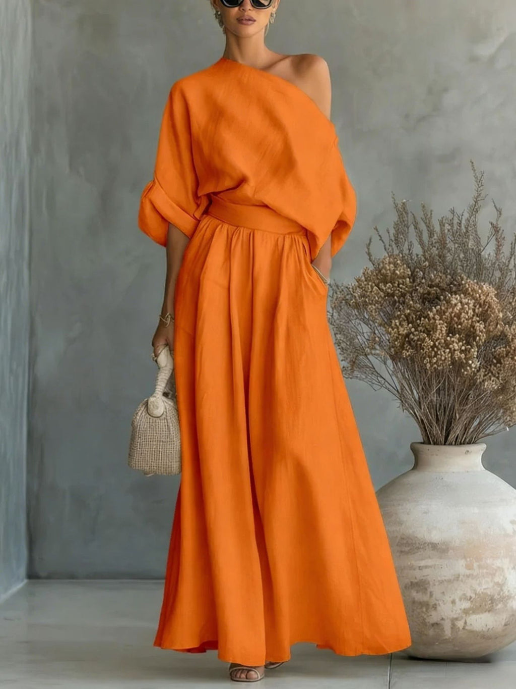 Maxikleid Damen mit schickem One-Shoulder Schnitt und praktischen Taschen - 5 - Annoboutique