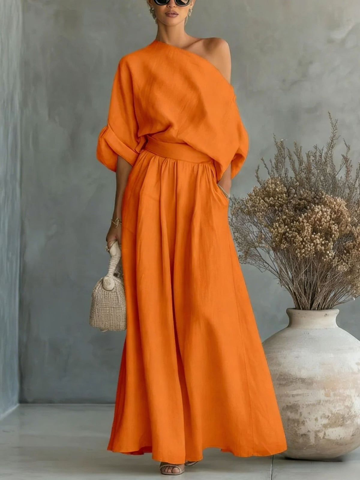Maxikleid Damen mit schickem One-Shoulder Schnitt und praktischen Taschen - 5 - Annoboutique