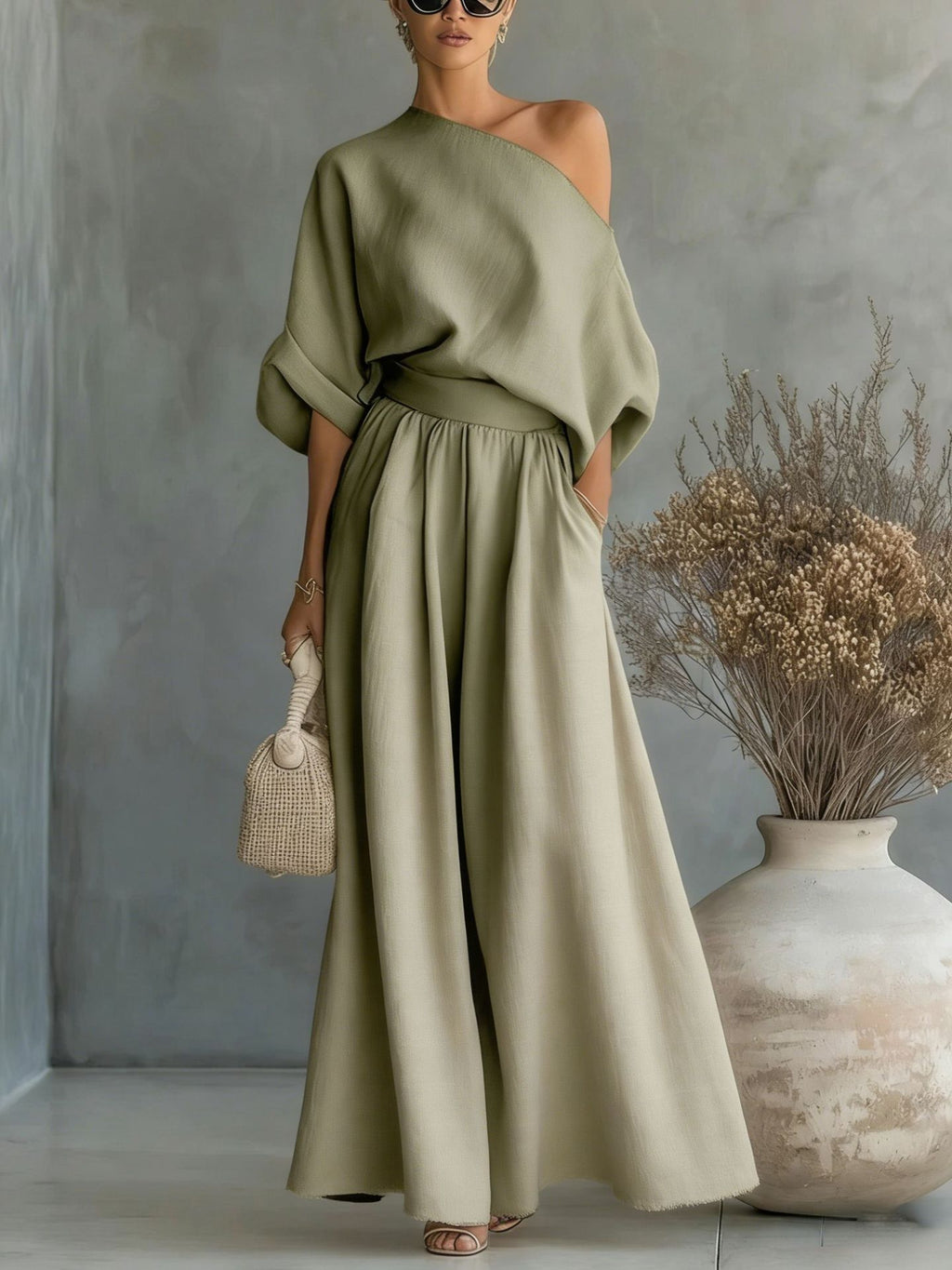 Maxikleid Damen mit schickem One-Shoulder Schnitt und praktischen Taschen - 6 - Annoboutique