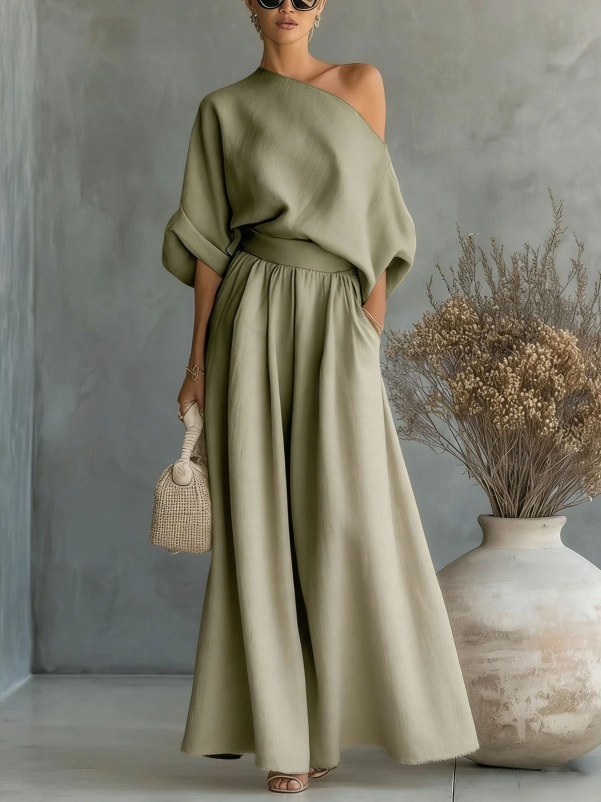 Maxikleid Damen mit schickem One-Shoulder Schnitt und praktischen Taschen - 6 - Annoboutique
