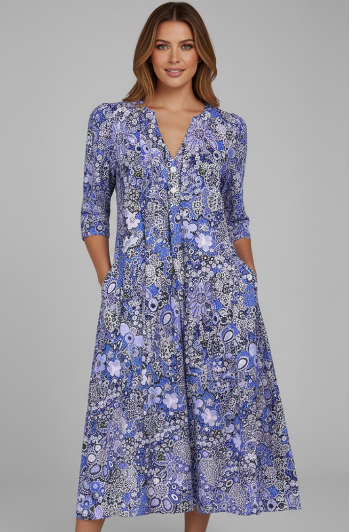 Midi Kleid Damen mit V-Ausschnitt und Halbarm im floralen Muster - 2 - Annoboutique