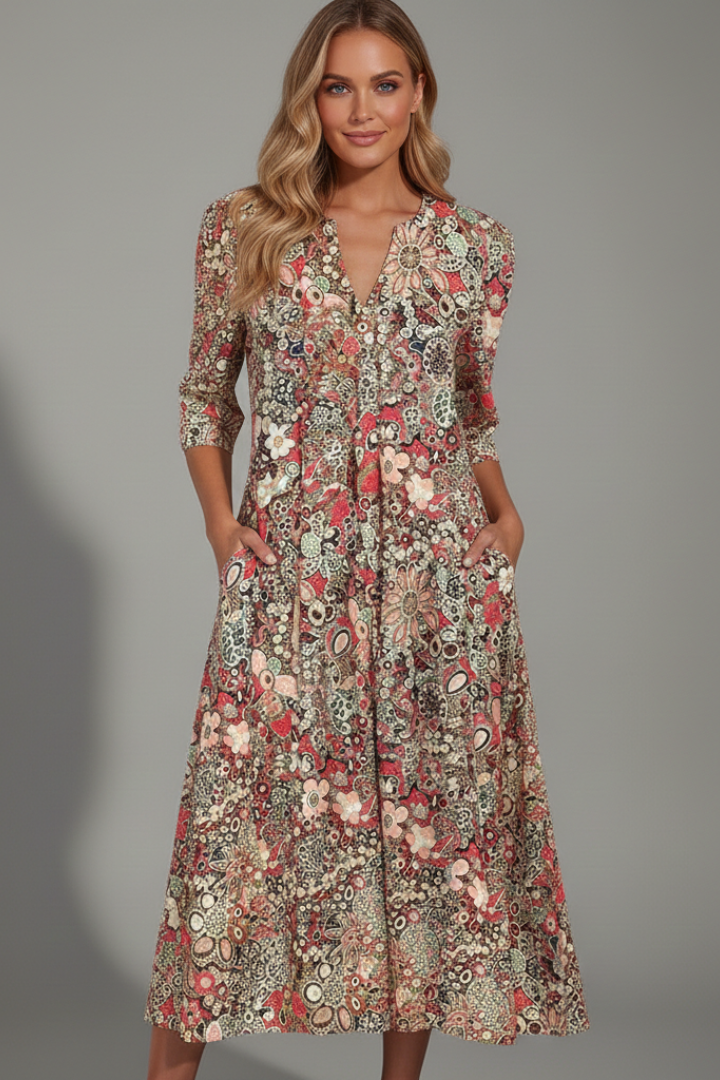 Midi Kleid Damen mit V-Ausschnitt und Halbarm im floralen Muster - 3 - Annoboutique