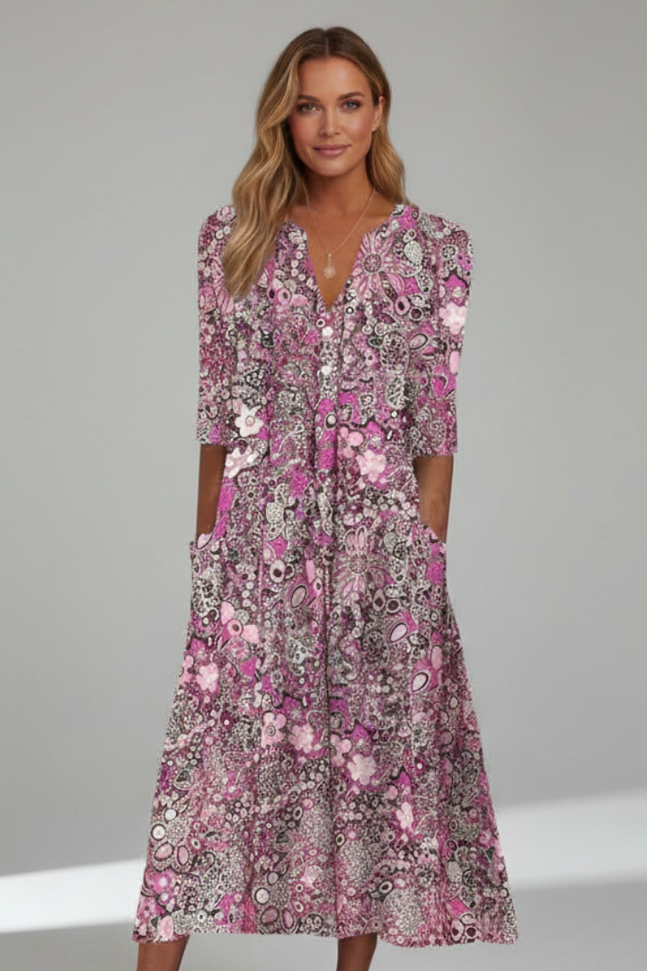 Midi Kleid Damen mit V-Ausschnitt und Halbarm im floralen Muster - 4 - Annoboutique