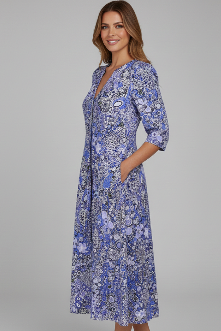 Midi Kleid Damen mit V-Ausschnitt und Halbarm im floralen Muster - 5 - Annoboutique