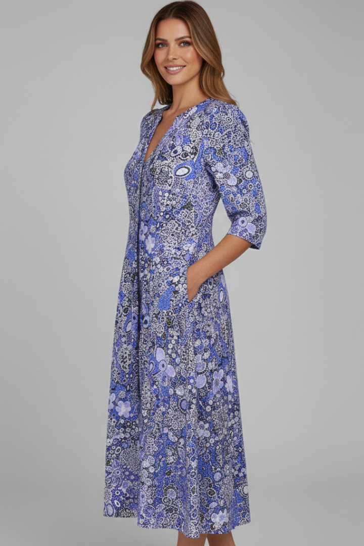 Midi Kleid Damen mit V-Ausschnitt und Halbarm im floralen Muster - 6 - Annoboutique