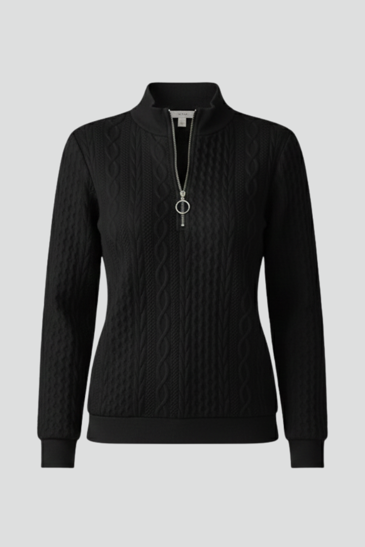 Pullover Damen mit Stehkragen und Reißverschluss, zeitloses Schwarz - 1 - Annoboutique