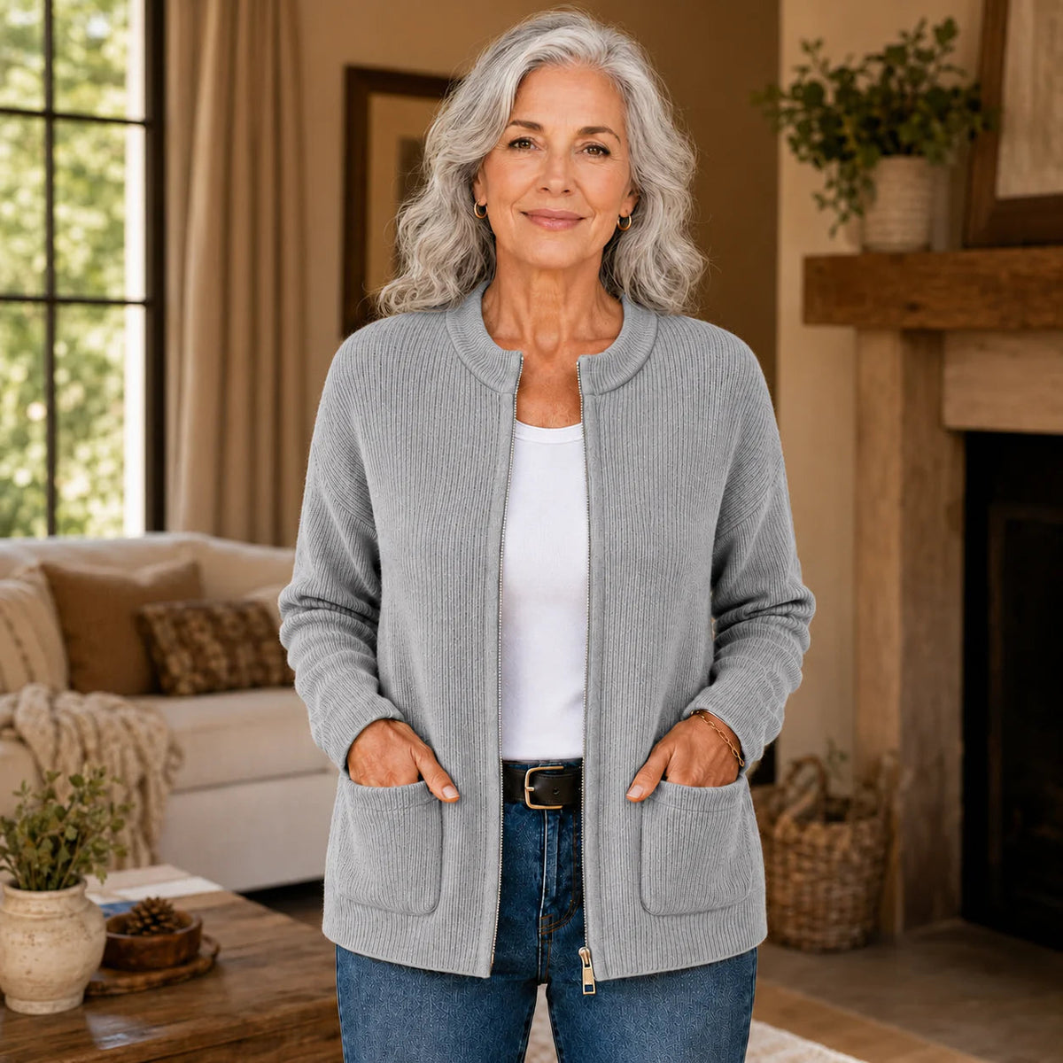 Cardigan Damen mit Stehkragen und praktischen Taschen für einen entspannten Look - 1 - Annoboutique