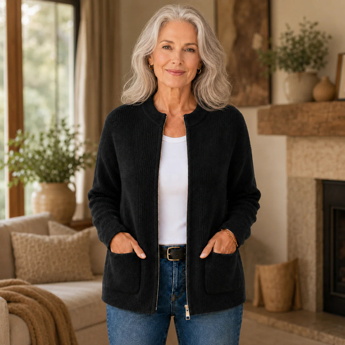 Cardigan Damen mit Stehkragen und praktischen Taschen für einen entspannten Look - 2 - Annoboutique