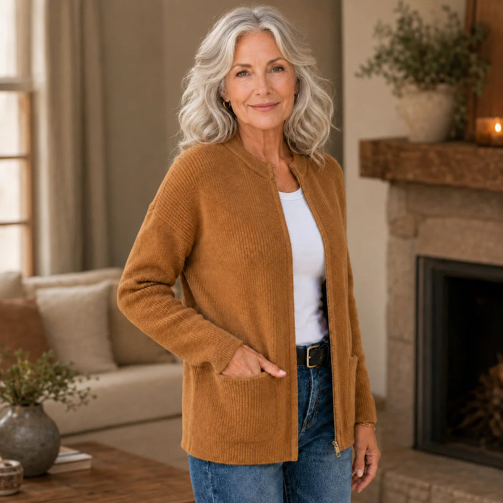 Cardigan Damen mit Stehkragen und praktischen Taschen für einen entspannten Look - 3 - Annoboutique