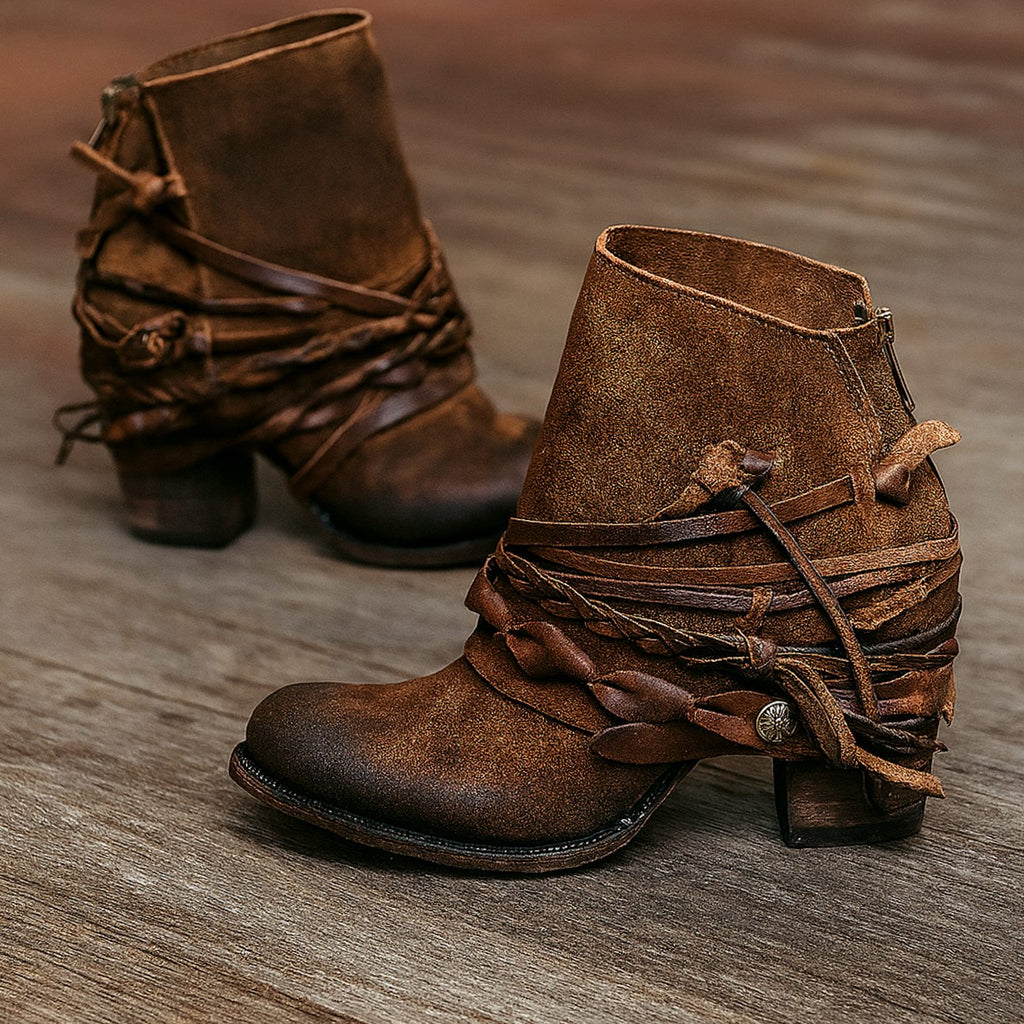 Damen Stiefeletten mit geflochtenem Wickelriemen und Blockabsatz - 2 - Annoboutique