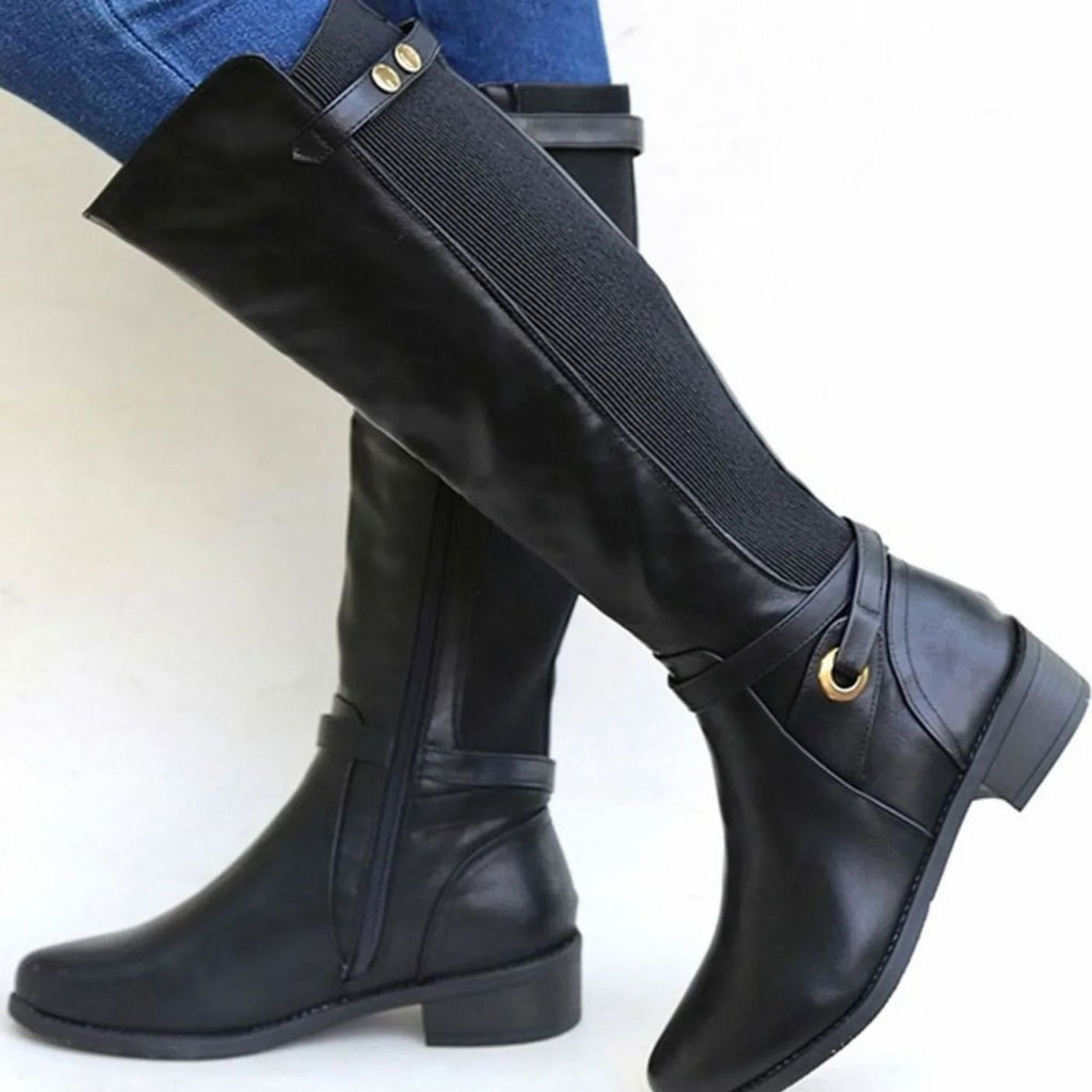 Kniehohe Stiefel Damen mit Blockabsatz und elastischem Einsatz - 1 - Annoboutique