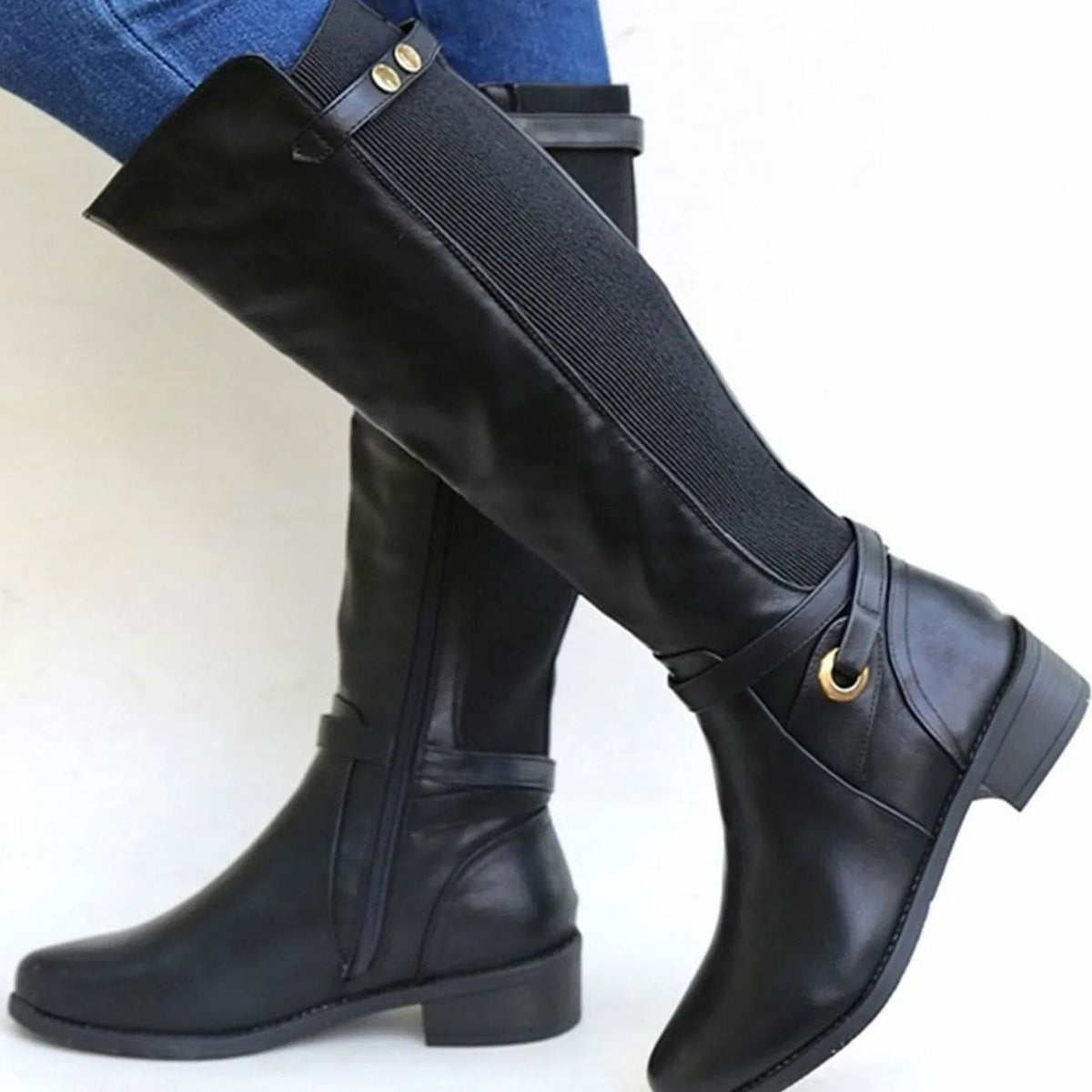 Kniehohe Stiefel Damen mit Blockabsatz und elastischem Einsatz - 1 - Annoboutique