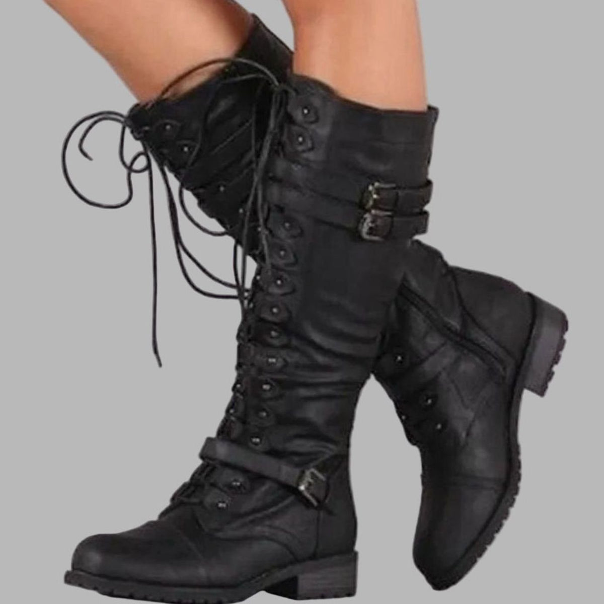 Damen Stiefel mit Schnürung und Doppelschnallen - 1 - Annoboutique