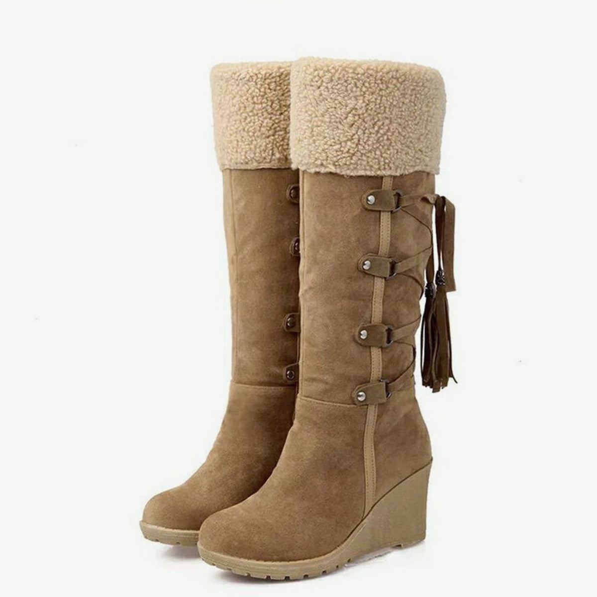 Damen Wedge-Stiefel mit seitlicher Schnürung und kuscheligem Kragen - 1 - Annoboutique