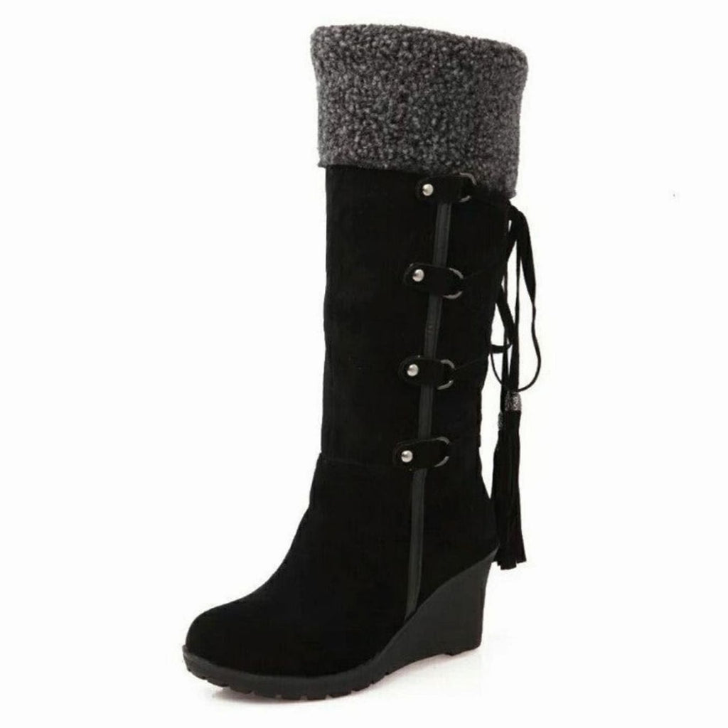 Damen Wedge-Stiefel mit seitlicher Schnürung und kuscheligem Kragen - 3 - Annoboutique
