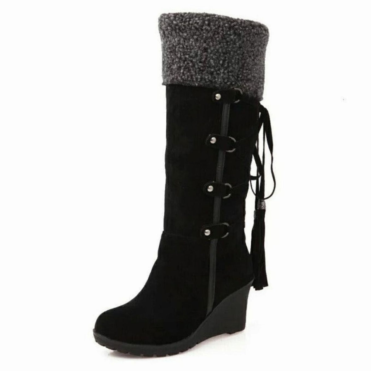 Damen Wedge-Stiefel mit seitlicher Schnürung und kuscheligem Kragen - 3 - Annoboutique
