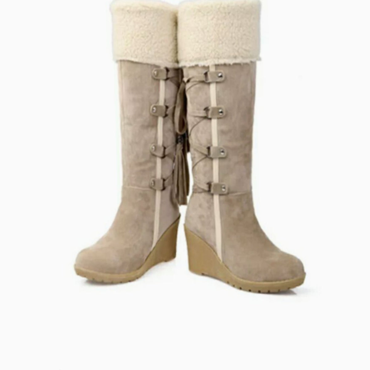 Damen Wedge-Stiefel mit seitlicher Schnürung und kuscheligem Kragen - 4 - Annoboutique