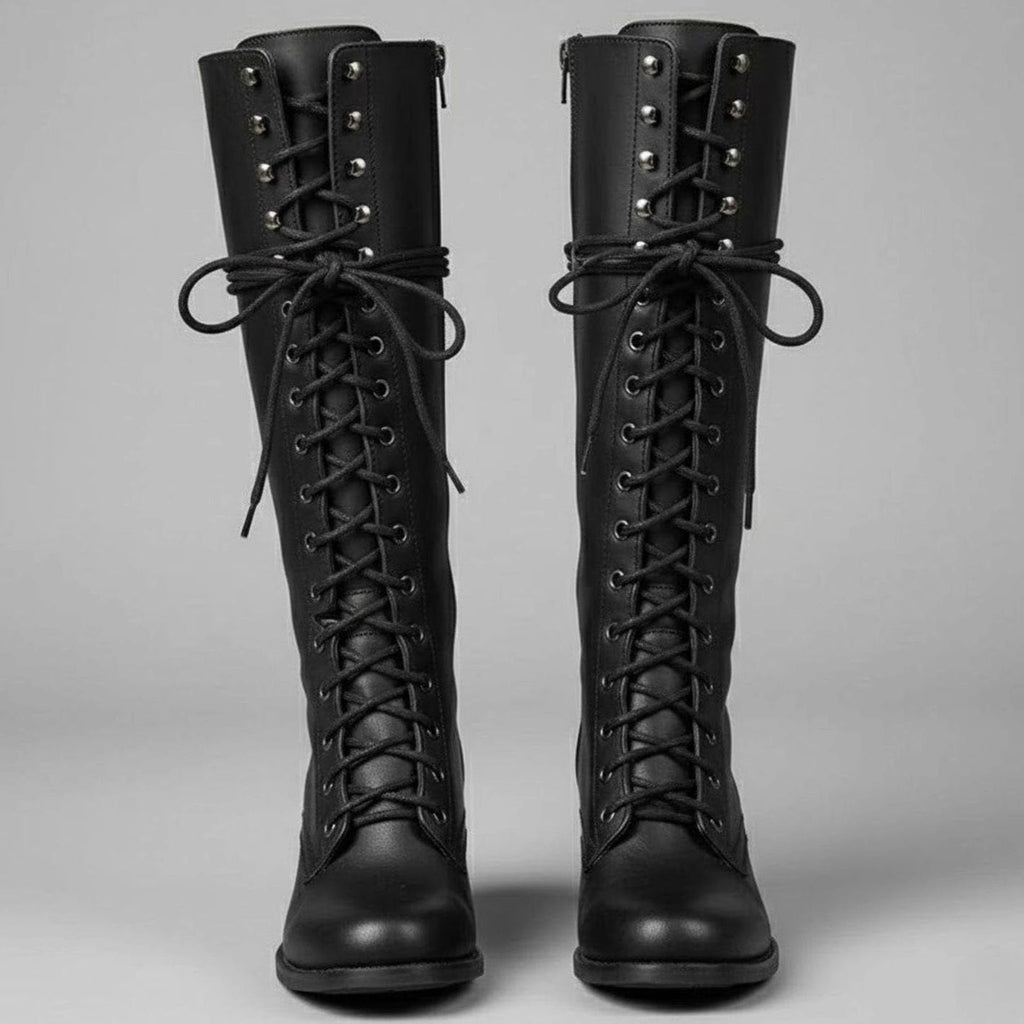 Damen Stiefel kniehoch mit Schnürung und Blockabsatz - 1 - Annoboutique