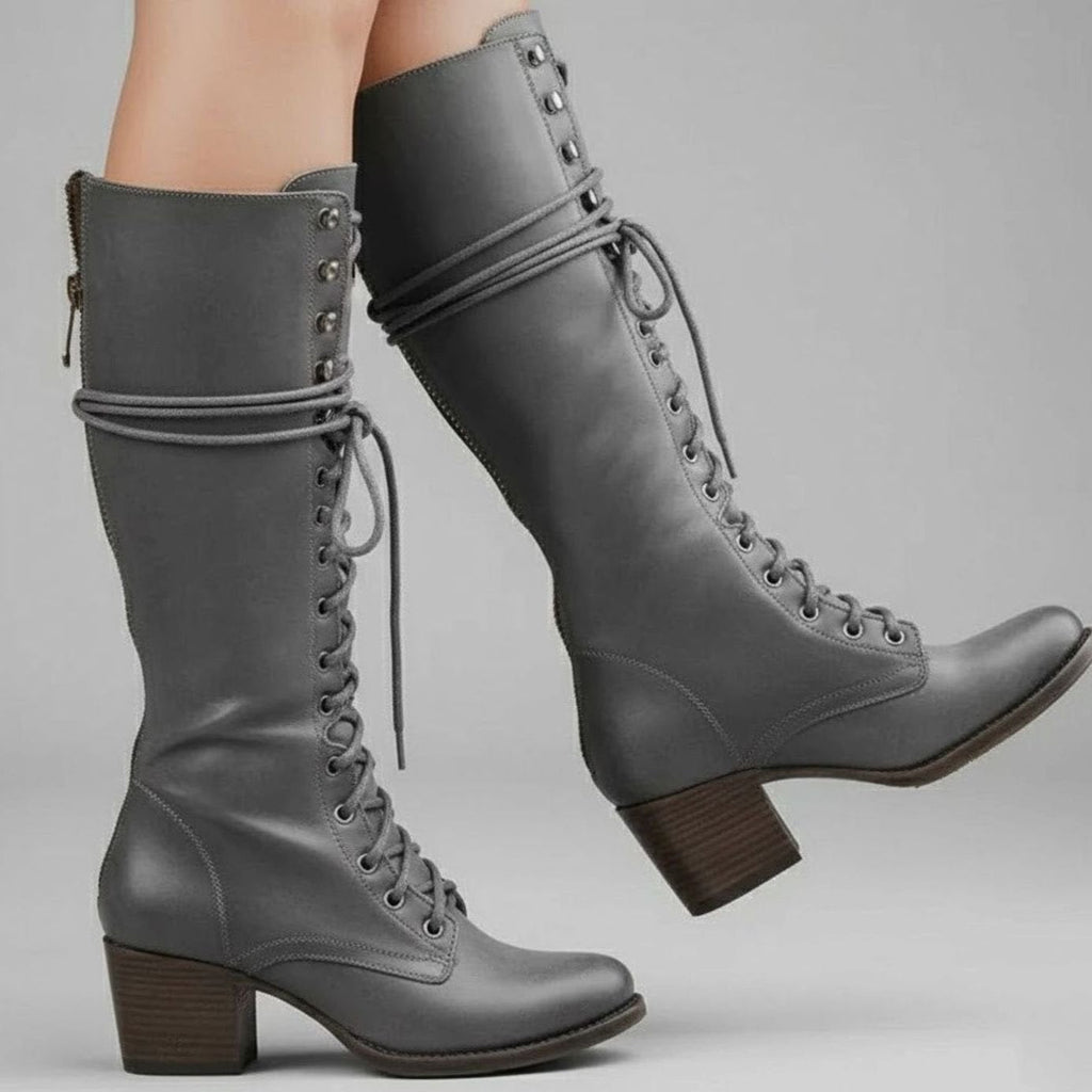 Damen Stiefel kniehoch mit Schnürung und Blockabsatz - 2 - Annoboutique