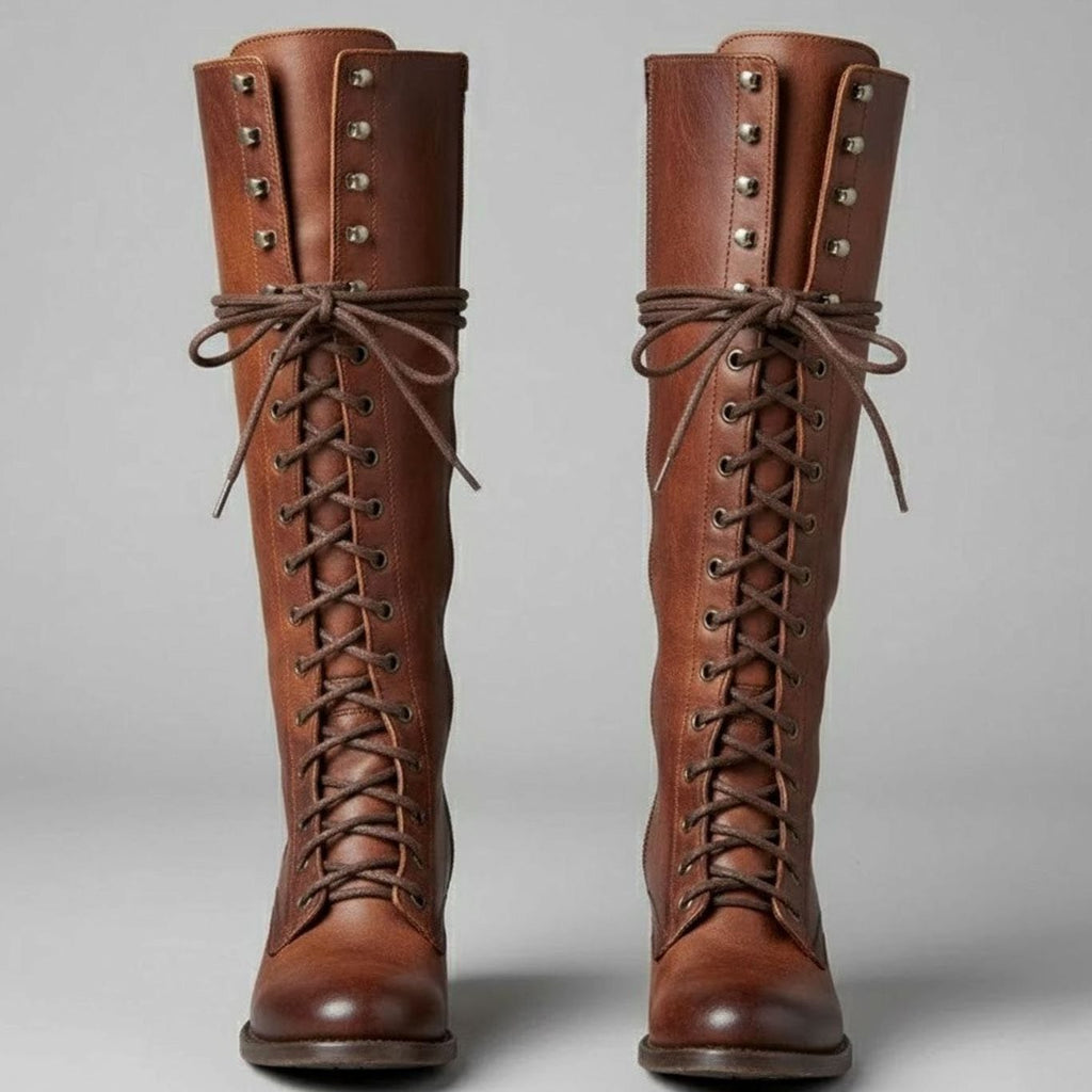 Damen Stiefel kniehoch mit Schnürung und Blockabsatz - 3 - Annoboutique