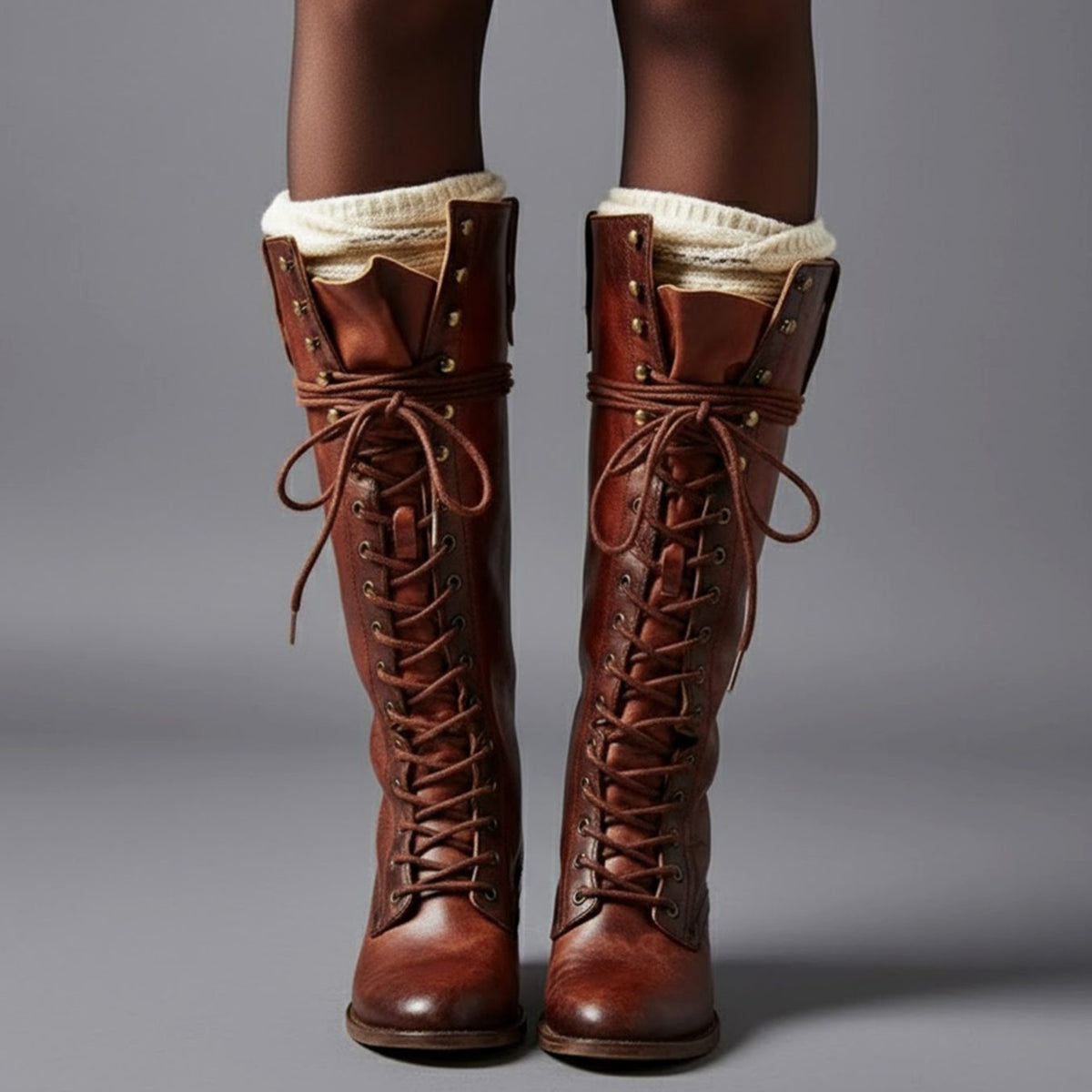 Damen Stiefel kniehoch mit Schnürung und Blockabsatz - 5 - Annoboutique