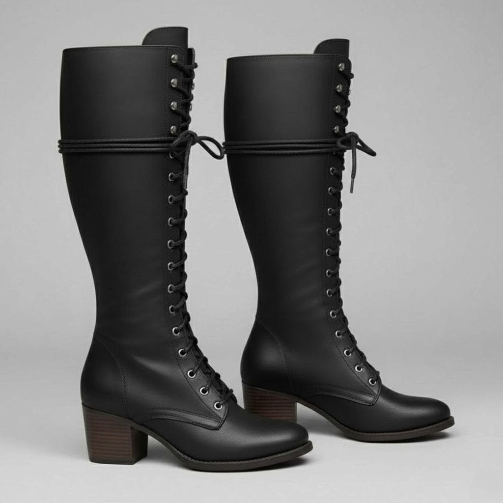 Damen Stiefel kniehoch mit Schnürung und Blockabsatz - 6 - Annoboutique
