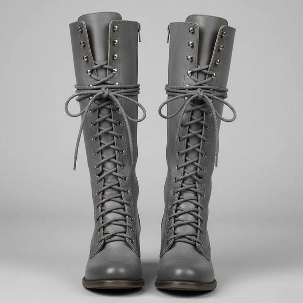 Damen Stiefel kniehoch mit Schnürung und Blockabsatz - 7 - Annoboutique