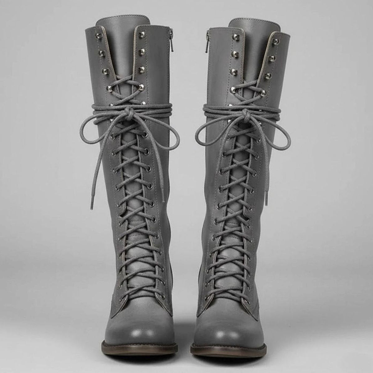 Damen Stiefel kniehoch mit Schnürung und Blockabsatz - 7 - Annoboutique