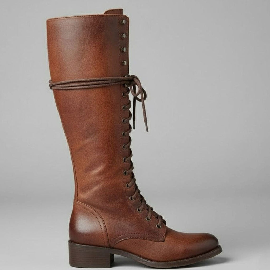 Damen Stiefel kniehoch mit Schnürung und Blockabsatz - 8 - Annoboutique
