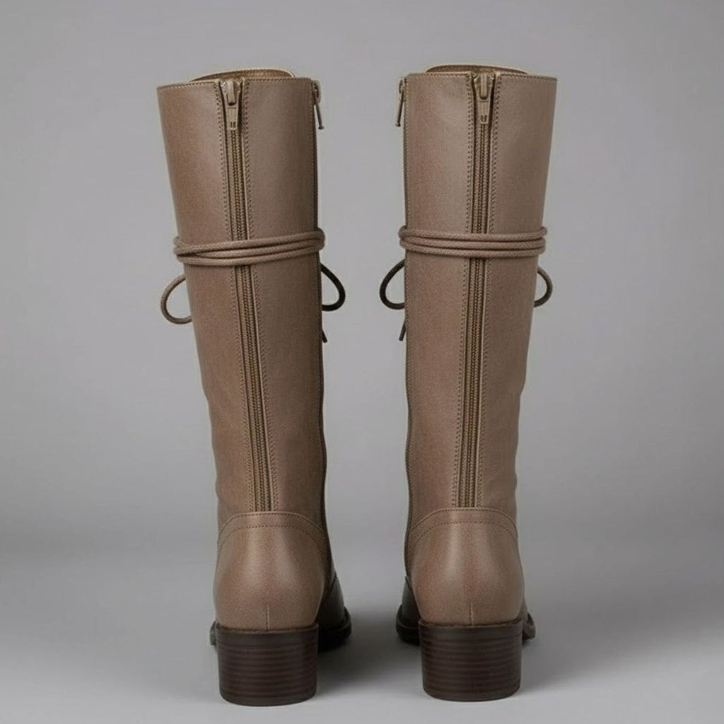 Damen Stiefel kniehoch mit Schnürung und Blockabsatz - 9 - Annoboutique