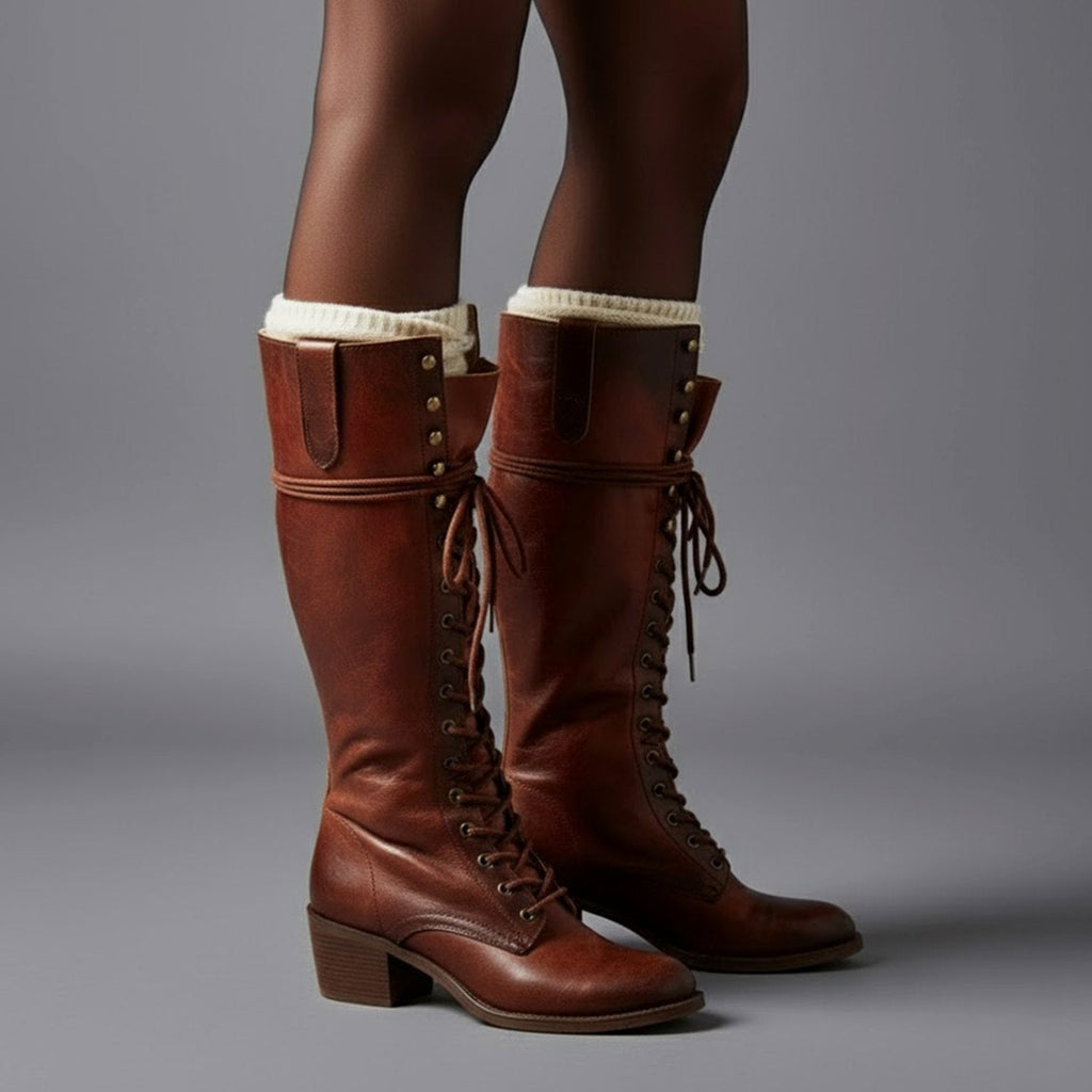Damen Stiefel kniehoch mit Schnürung und Blockabsatz - 11 - Annoboutique
