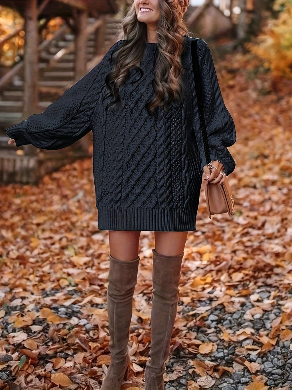 Damen Pulloverkleid mit Zopfdesign und langen Ärmeln - 3 - Annoboutique