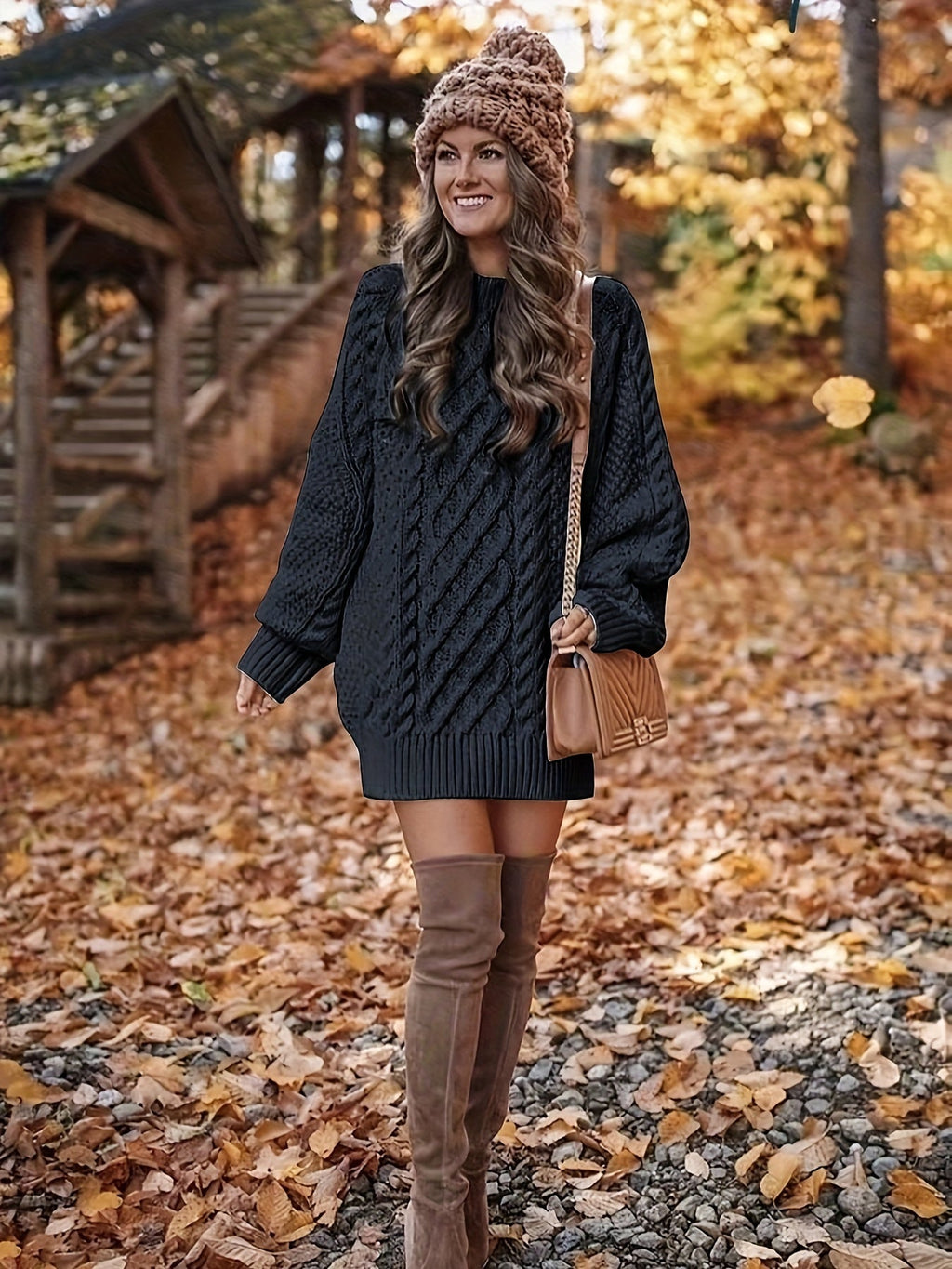 Damen Pulloverkleid mit Zopfdesign und langen Ärmeln - 4 - Annoboutique