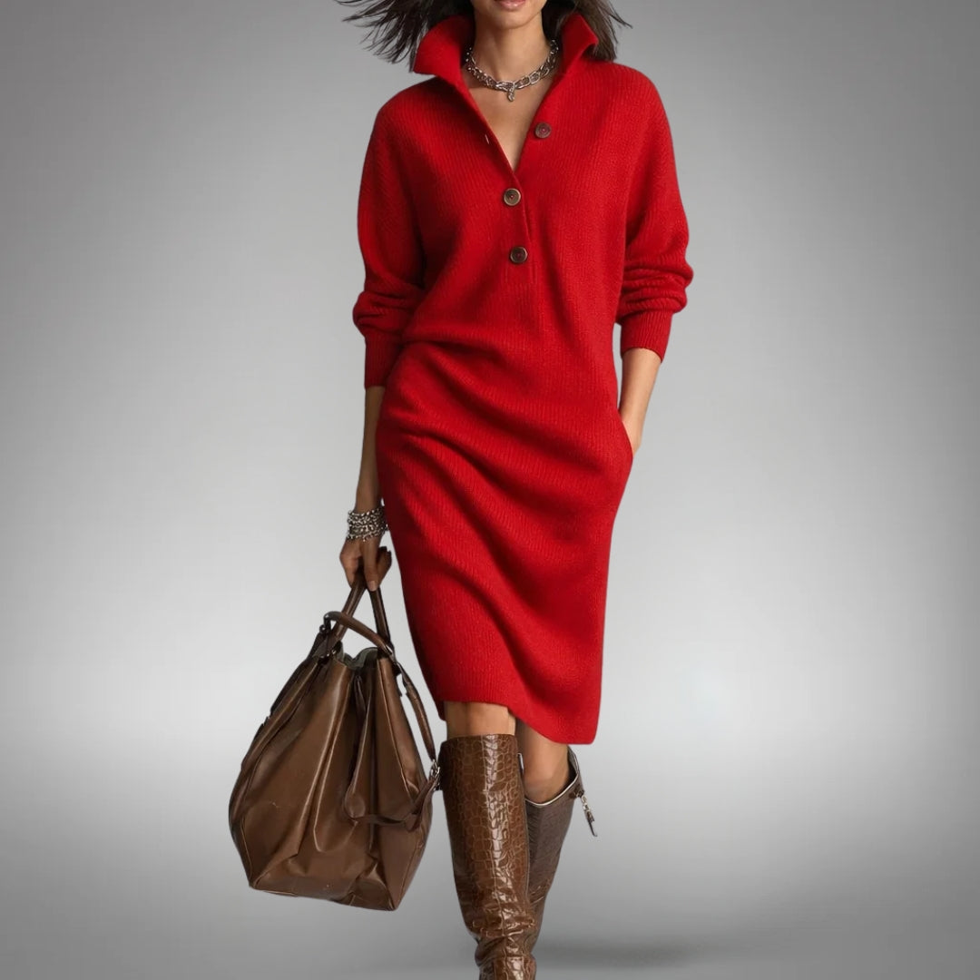 Strickkleid Damen mit Stehkragen und Knopfdetails - 4 - Annoboutique