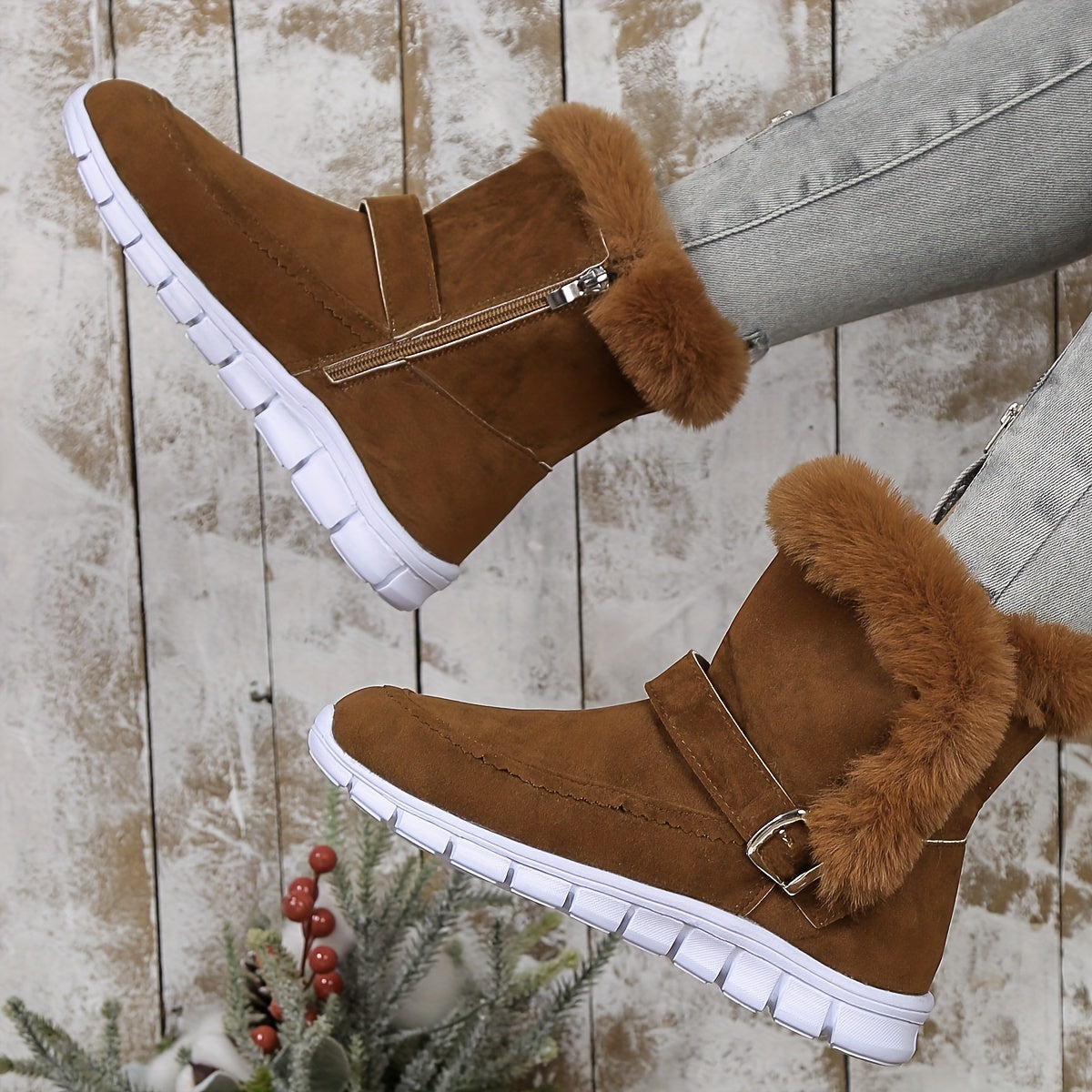 Damen Boots mit kuscheligem Fellkragen und praktischem Reißverschluss - 7 - Annoboutique