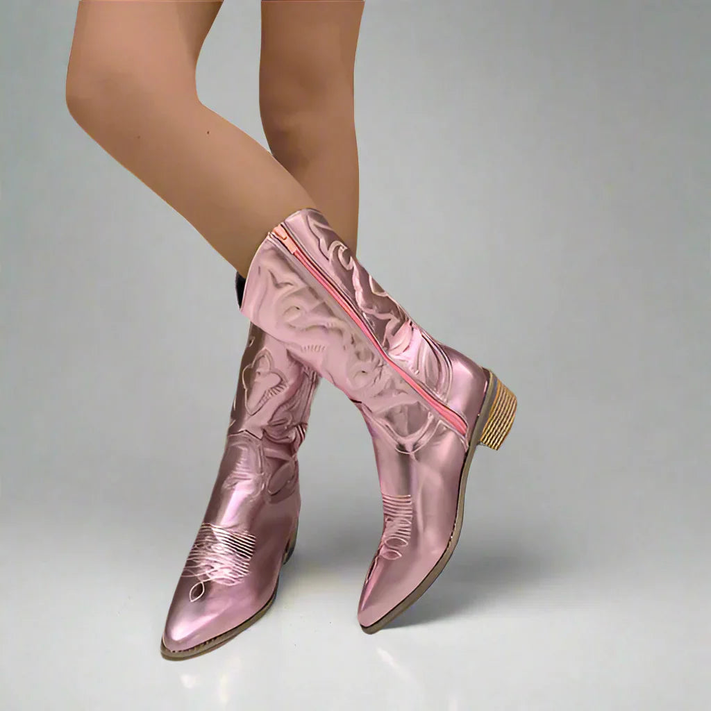 Western Boots Damen mit Reißverschluss und Blockabsatz in Rosé - 1 - Annoboutique