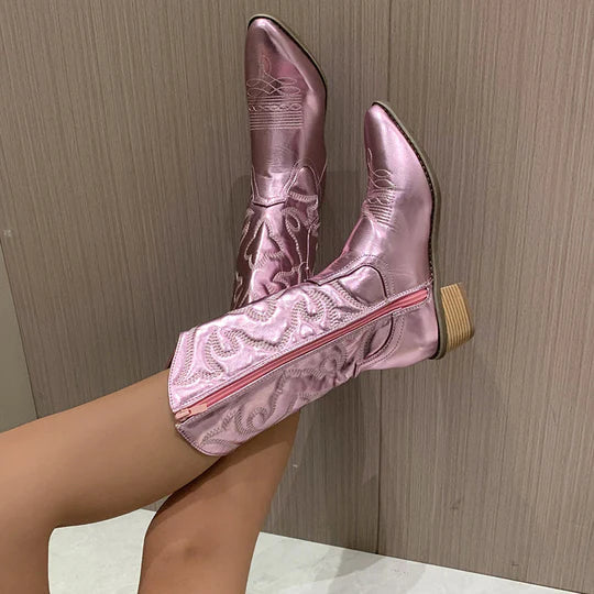 Western Boots Damen mit Reißverschluss und Blockabsatz in Rosé - 2 - Annoboutique