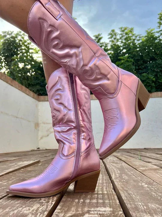 Western Boots Damen mit Reißverschluss und Blockabsatz in Rosé - 3 - Annoboutique
