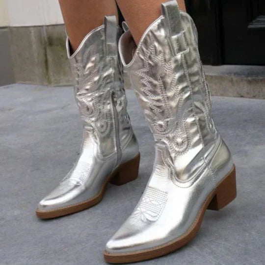 Western Boots Damen mit Reißverschluss und Blockabsatz in Rosé - 4 - Annoboutique
