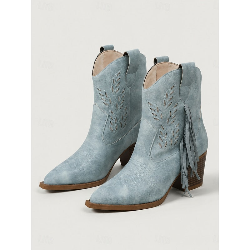 Western Boots Damen mit Blockabsatz und modischen Fransen - 3 - Annoboutique