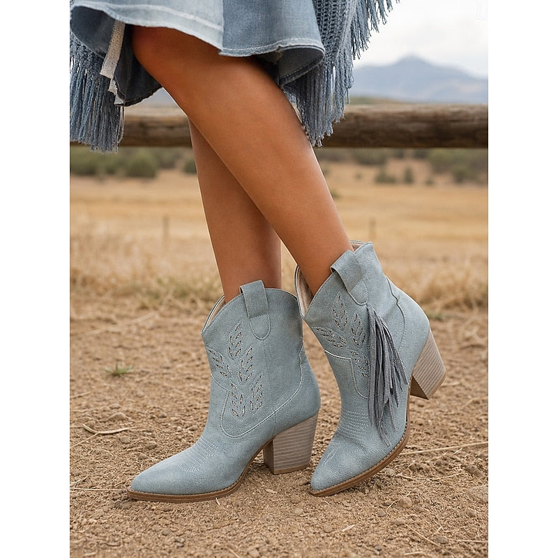 Western Boots Damen mit Blockabsatz und modischen Fransen - 7 - Annoboutique