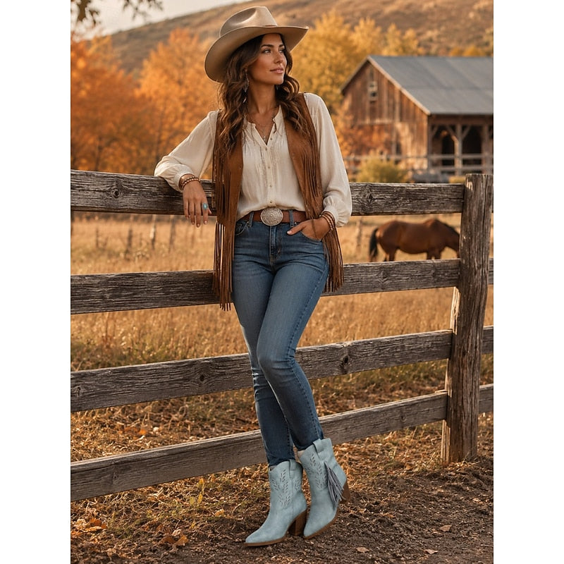 Western Boots Damen mit Blockabsatz und modischen Fransen - 8 - Annoboutique