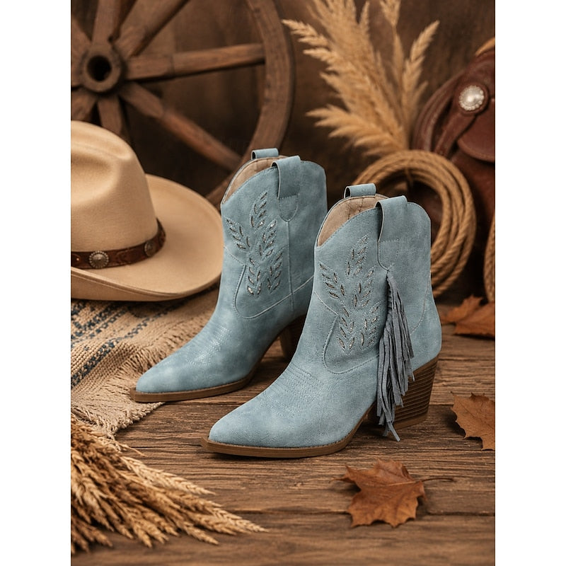 Western Boots Damen mit Blockabsatz und modischen Fransen - 9 - Annoboutique