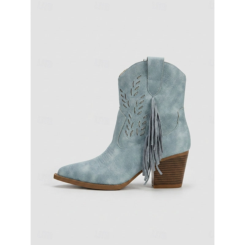 Western Boots Damen mit Blockabsatz und modischen Fransen - 10 - Annoboutique