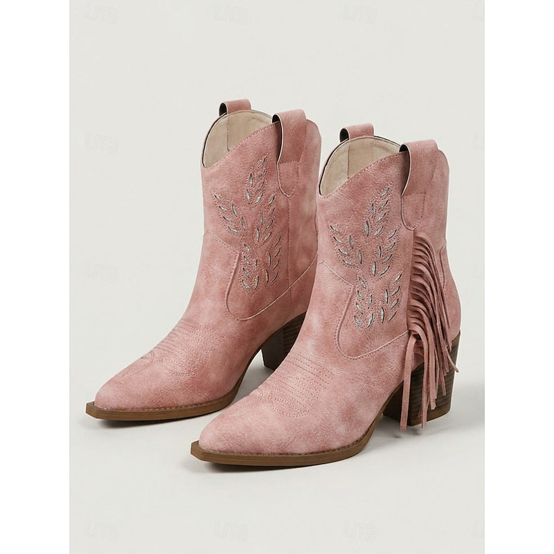 Western Boots Damen mit Blockabsatz und modischen Fransen - 11 - Annoboutique
