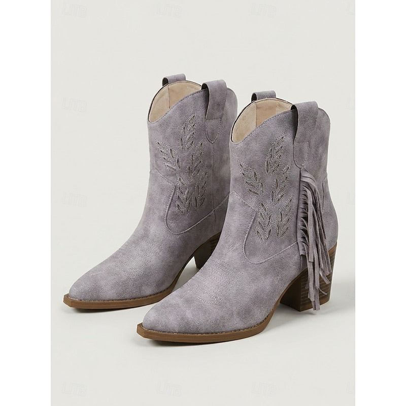 Western Boots Damen mit Blockabsatz und modischen Fransen - 12 - Annoboutique