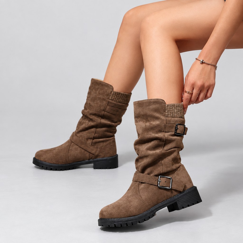 Slouch-Stiefel Damen mit modischem Gerafften Design und Schnallen - 1 - Annoboutique